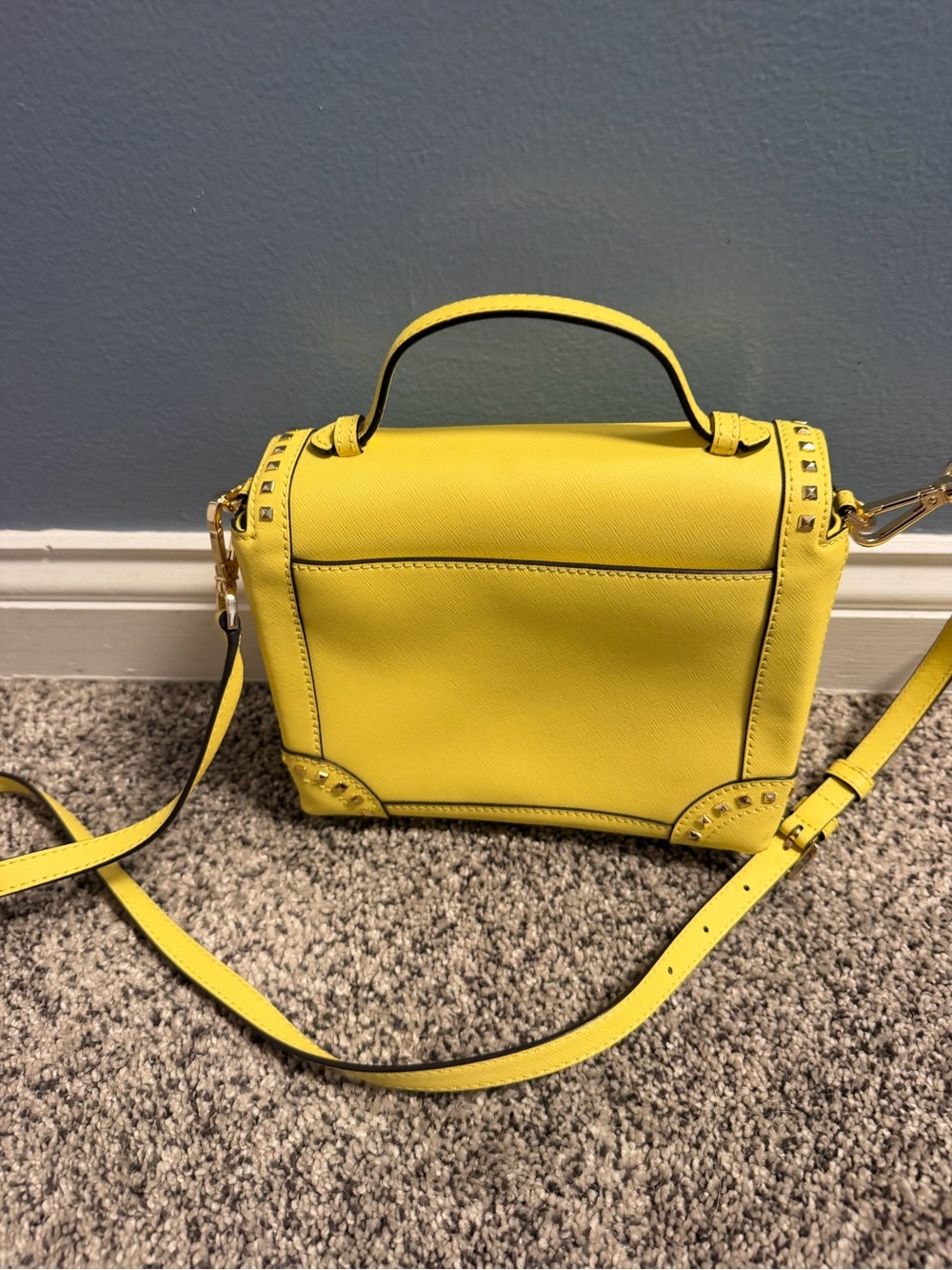 Michael Kors Yellow Studded Leather Satchel with Card Case - Picture 7 of 15